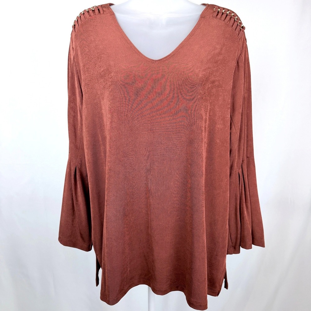 Chico's Travelers Tunic Top Size 3 XL NWT Rust Gold Hardware Bell Sleeve V Neck